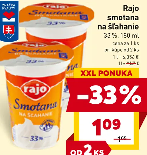 Rajo Smotana na šľahanie 33%