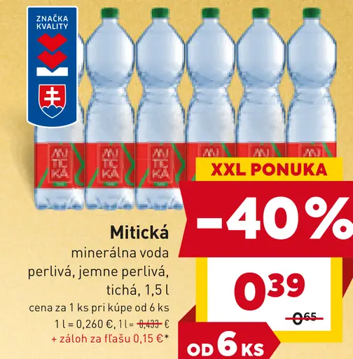 Mitická minerálna voda perlivá, jemne perlivá, tichá