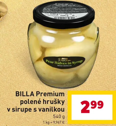 BILLA Premium polené hrušky v sirupe s vanilkou