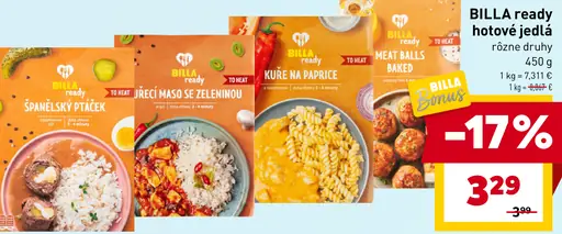 BILLA ready španielsky ptáček, kuracie mäso so zeleninou, kurča na paprike, meat balls baked