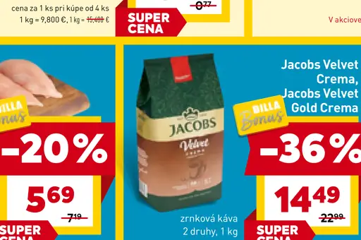 Jacobs Velvet Crema, Jacobs Velvet Gold Crema zrnková káva 2 druhy