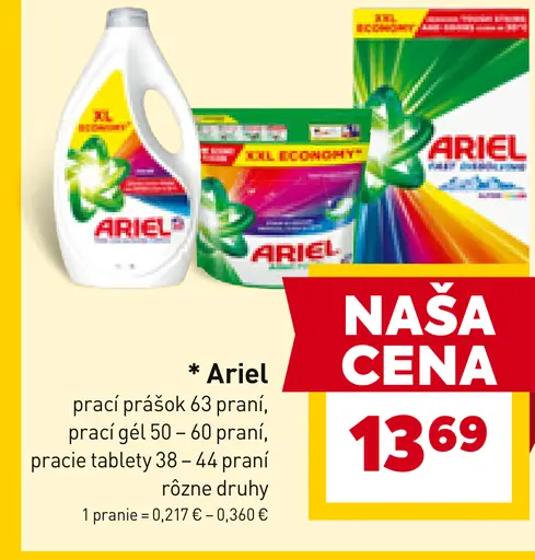 Ariel prací prášok 63 praní, prací gél 50–60 praní alebo pracie tablety 38–44 praní rôzne druhy