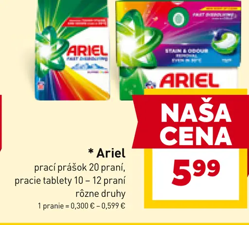 Ariel prací prášok 20 praní alebo pracie tablety 10–12 praní rôzne druhy