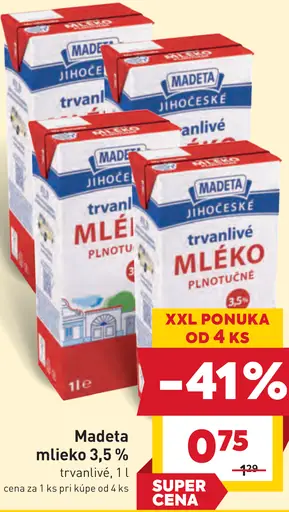 Madeta Juhočeské mlieko plnotučné trvanlivé 3,5%