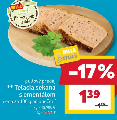 Teľacia sekaná s emetálom pultový predaj