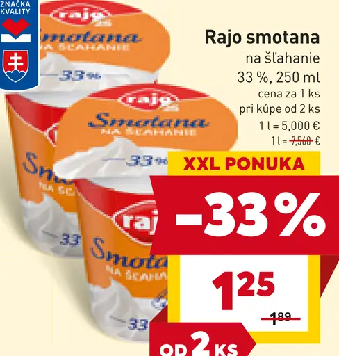 Rajo Smotana na šľahanie 33%