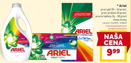 Ariel prací prostriedok rôzne druhy