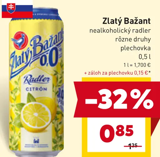 Zlatý Bažant nealkoholický radler rôzne druhy plechovka