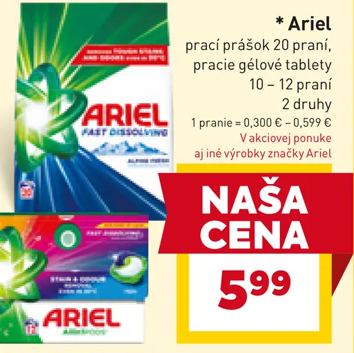 Ariel prací gél, prášok, pracie tablety