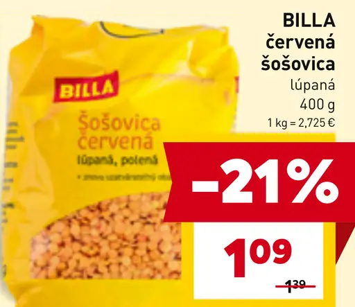 BILLA šošovica červená lúpaná