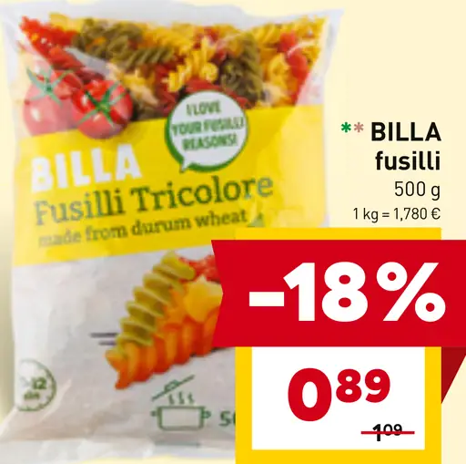 BILLA Fusilli Tricolore cestoviny