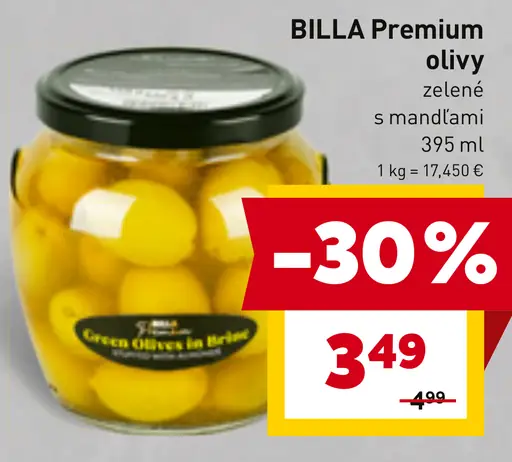 BILLA Premium olivy zelené s mandľami