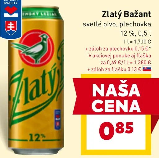 Zlatý Bažant '73 pivo svetlý ležiak plechovka