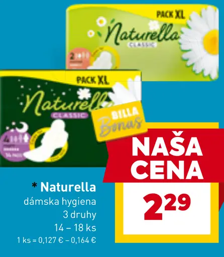 Naturella dámska hygiena rôzne druhy