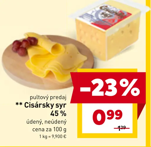 Cisársky syr 45 % údený, neúdený