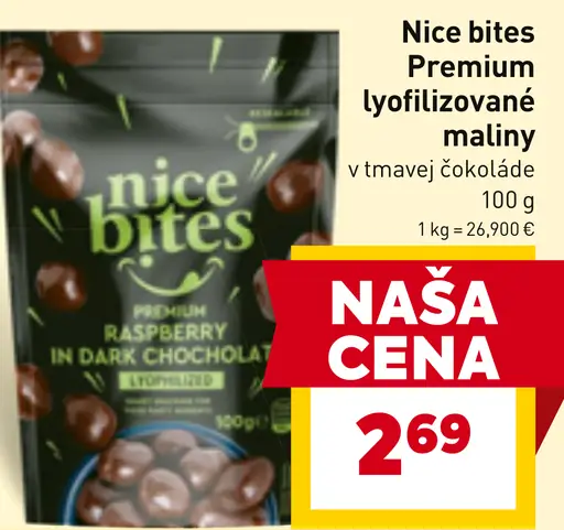 Nice bites Premium lyofilizované maliny v tmavej čokoláde