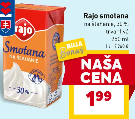 Rajo smotana na šľahanie 30 % trvanlivá