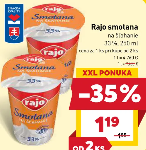 Rajo Smotana na šľahanie 33%