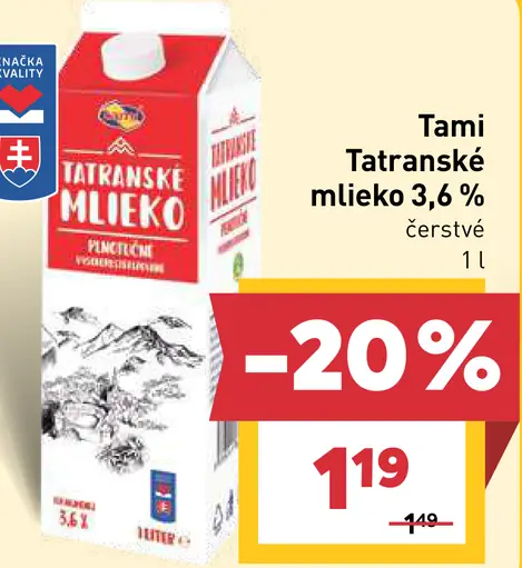 Tami Tatranské mlieko 3,6 % čerstvé