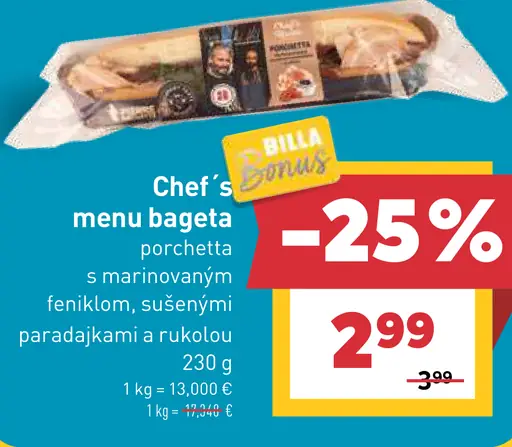 Chef’s menu bageta porchetta s marinovaným feniklom, sušenými paradajkami a rukolou