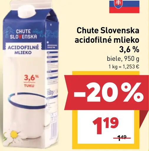 Chute Slovenska acidofilné mlieko 3,6 % biele