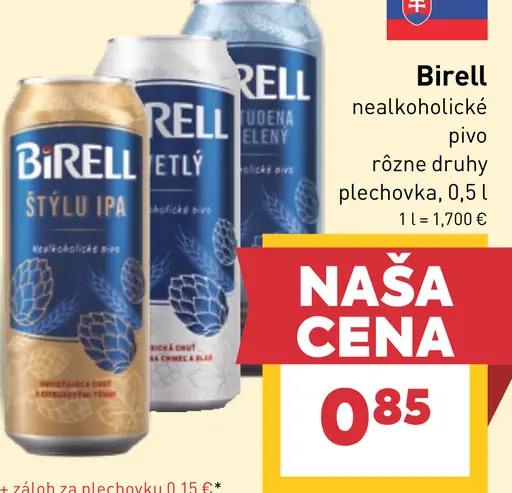 Birell nealkoholický radler, ochutené nealkoholické pivo rôzne druhy plechovka