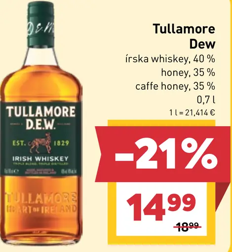 Tullamore Dew írská whiskey Original, honey alebo caffe honey