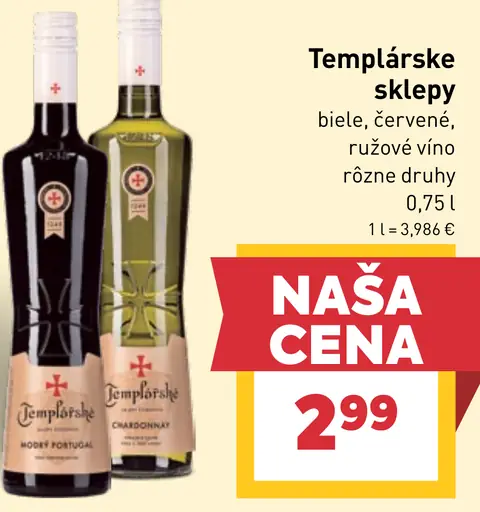 Templářske sklepy víno biele, červené alebo ružové