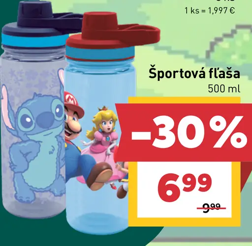Športová fľaša s motívom Super Mario alebo Stitch