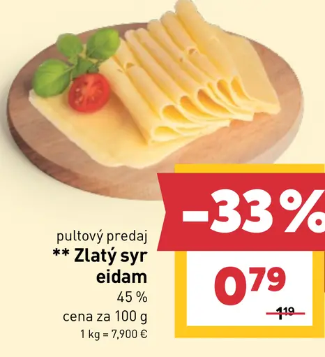 Zlatý syr eidam 45 % plátky
