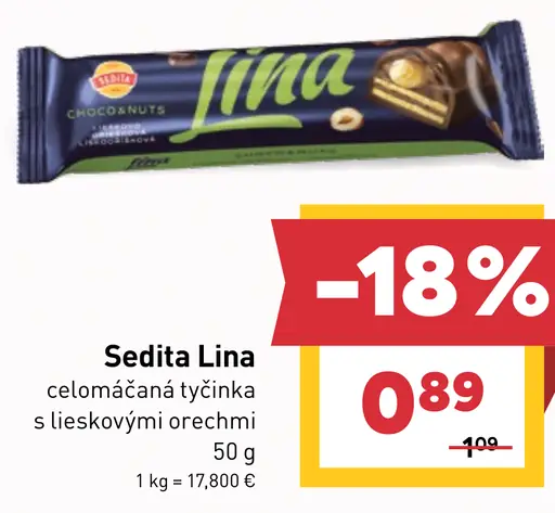 Sedita Lina čokoládová tyčinka s lieskovými orechmi