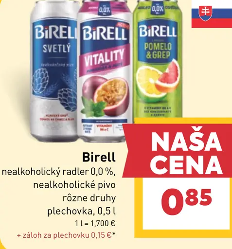 Birell nealkoholický radler 0,0 %, nealkoholické pivo rôzne druhy plechovka
