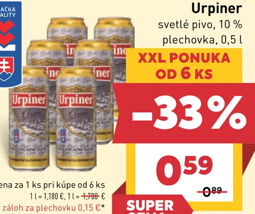 Urpiner svetlé pivo 10 % plechovka