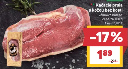 Kačacie prsia s kožou bez kosti vákuovo balené
