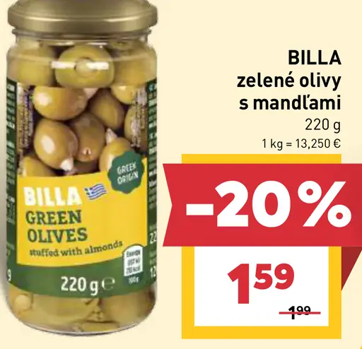 BILLA Premium zelené olivy s mandľami