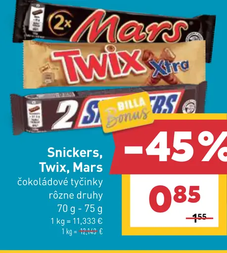 Snickers, Twix, Mars čokoládové tyčinky