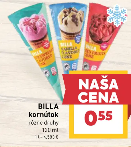 BILLA zmrzlinový kornútok rôzne druhy