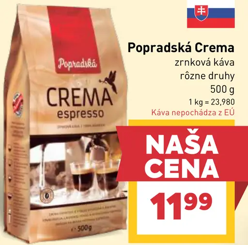 Popradská Crema zrnková káva rôzne druhy