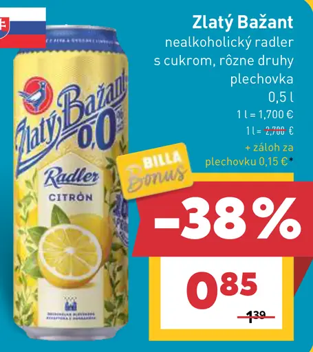 Zlatý Bažant Radler 0,0 % citrón, mäta limetka plechovka rôzne druhy
