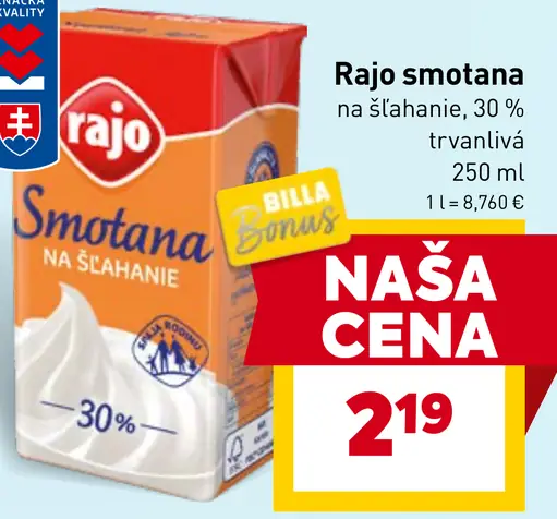 Rajo Smotana na šľahanie 30 %
