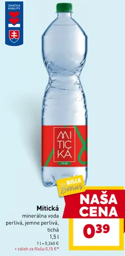 Mitická minerálna voda perlivá, jemne perlivá, tichá