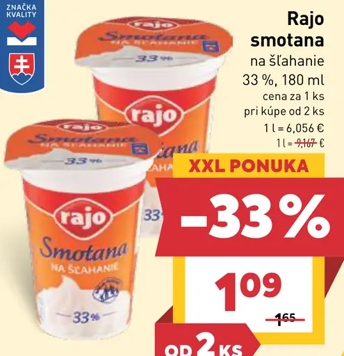 Rajo Smotana na šľahanie 33%