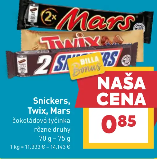 Snickers, Twix, Mars čokoládová tyčinka