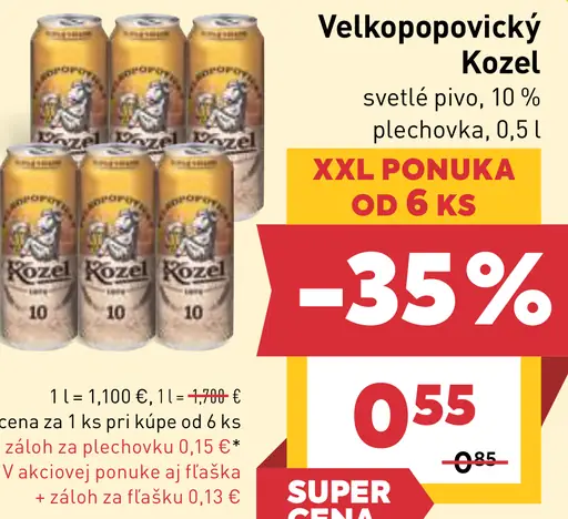 Velkopopovický Kozel 10 pivo výčapné svetlé plechovka