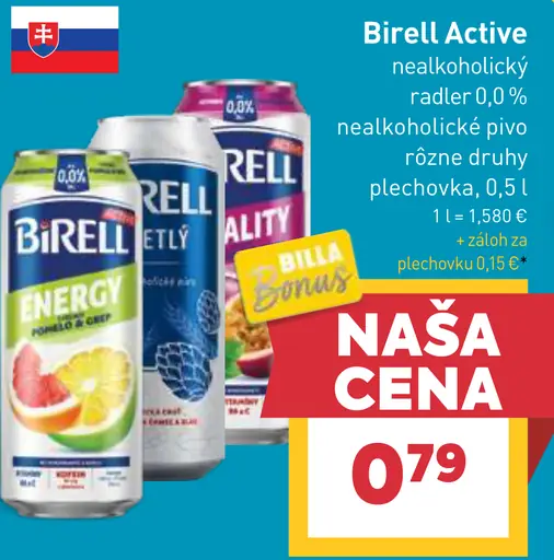 Birell Active nealkoholický radler a nealkoholické pivo viac druhov