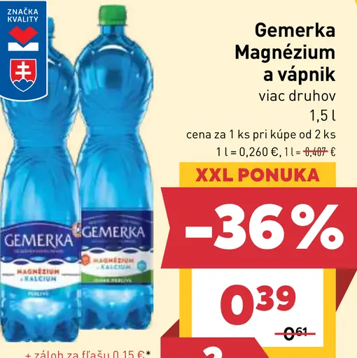 Gemerka Magnézium + vápnik prírodná minerálna voda perlivá