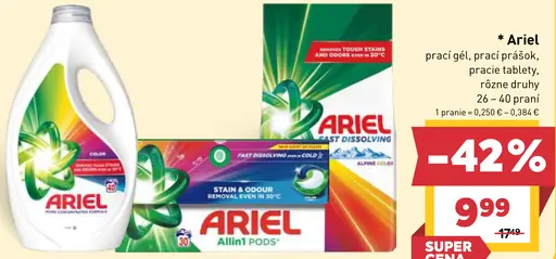 Ariel prací gél, prášok, pracie tablety