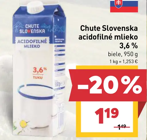 Chute Slovenska acidofilné mlieko 3,6 % biele