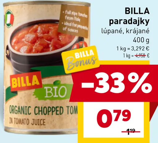 BILLA BIO paradajky lúpané krájané