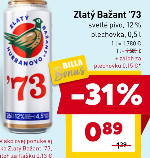 Zlatý Bažant 12% pivo svetlý ležiak